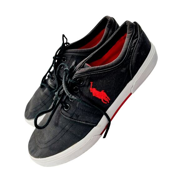 POLO BY RALPH LAUREN! BLACK CANVAS, TED LOGO LEATHER LACED TENNIS SHOES! SZ 9D main image 10